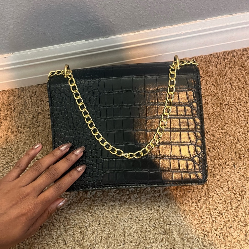 Black Croc-Embossed Chain Shoulder Bag